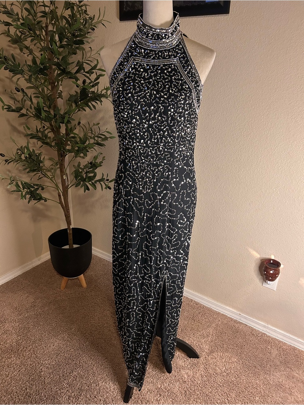 BCBG Black Halter Maxi Dress Beaded Sheath Silk Coquette